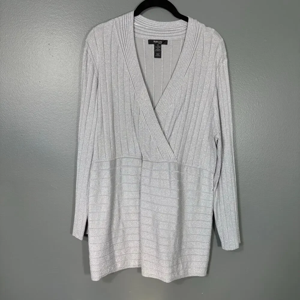 Style & Co Metallic Silver Glam Ribbed Faux Wrap Sweater - Women's Plus Size 3X